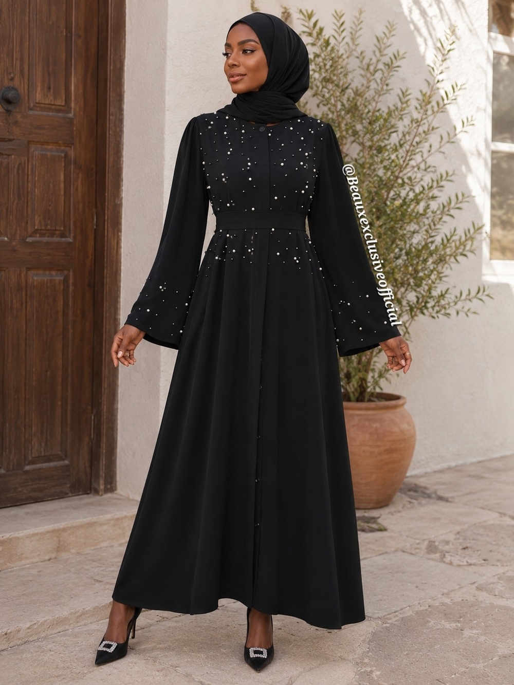 Black Embellished Modest Maxi Dress Button With Tie Abaya By BEAUX EXCLUSIVE